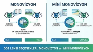 Monovizyon ve mini monovizyonu gösteren şematik görsel: sağ göz uzak, sol göz yakın veya hafif yakın ayarlanarak hem uzak hem yakın görme sağlanması