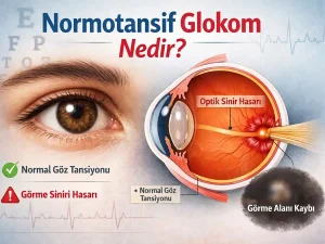 Normotansif glokom: göz tansiyonu normal sınırlarda olsa bile görme sinirinde hasar ve görme alanı kaybı gelişebilir