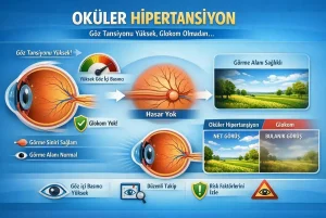 Oküler hipertansiyon: göz içi basınç yüksek olmasına rağmen görme siniri sağlam ve görme alanı normal